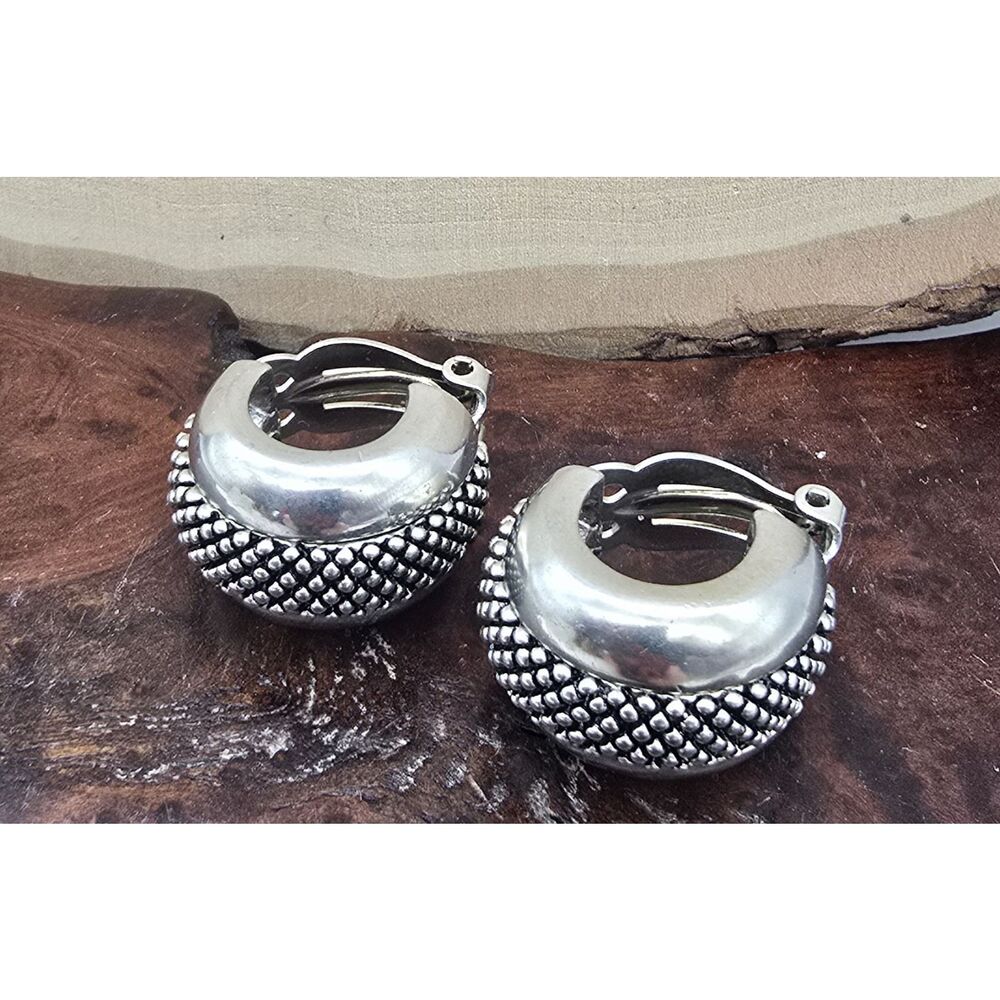Cabot Earrings Vintage Clip On Silvertone Thick Hoop Texture Design Signed